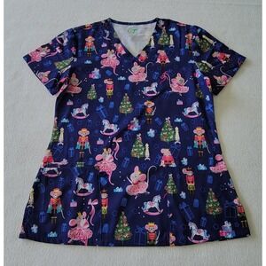 GT Performance SIZE S Women's‎ V Neck Medical Scrub Merry Christmas Blue